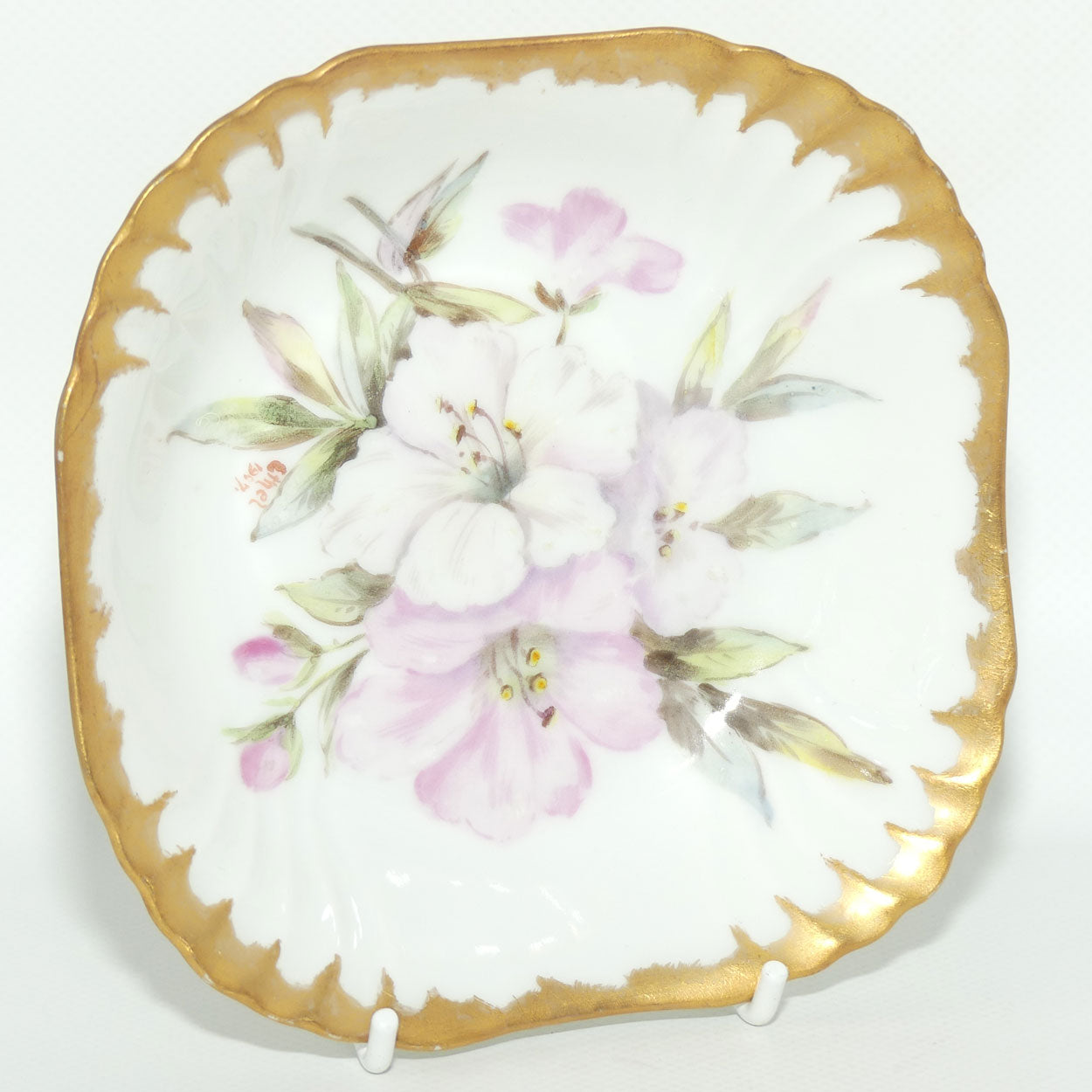 Early Australian China Painted gilt border square bowl decorated with Azalea | #2 | by Ethel L Thomas 1907