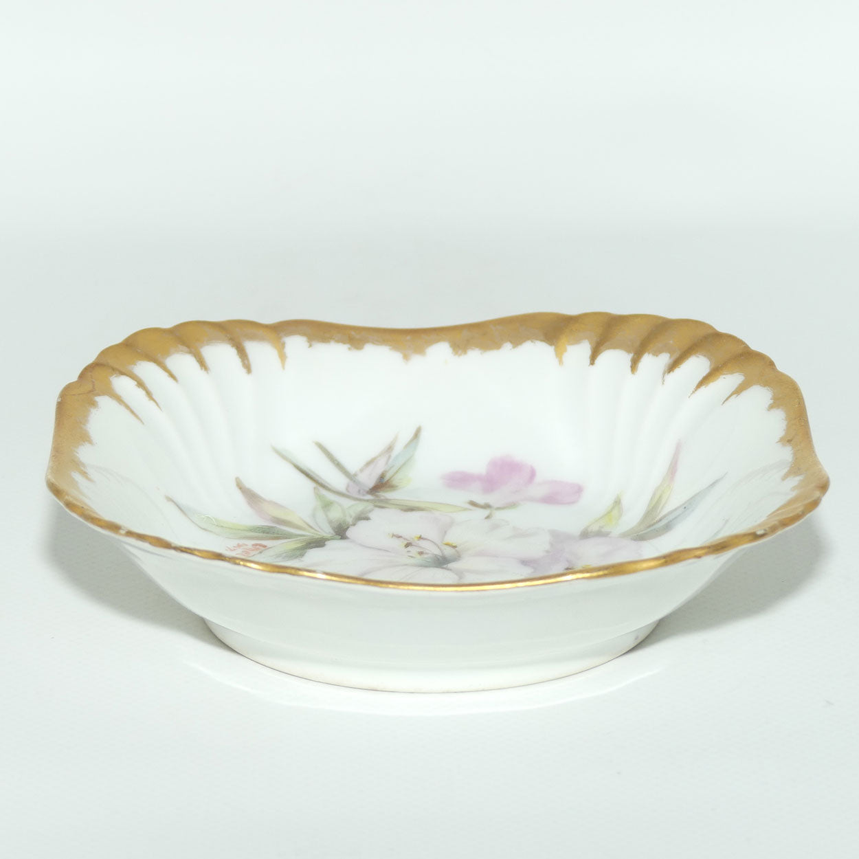 Early Australian China Painted gilt border square bowl decorated with Azalea | #2 | by Ethel L Thomas 1907