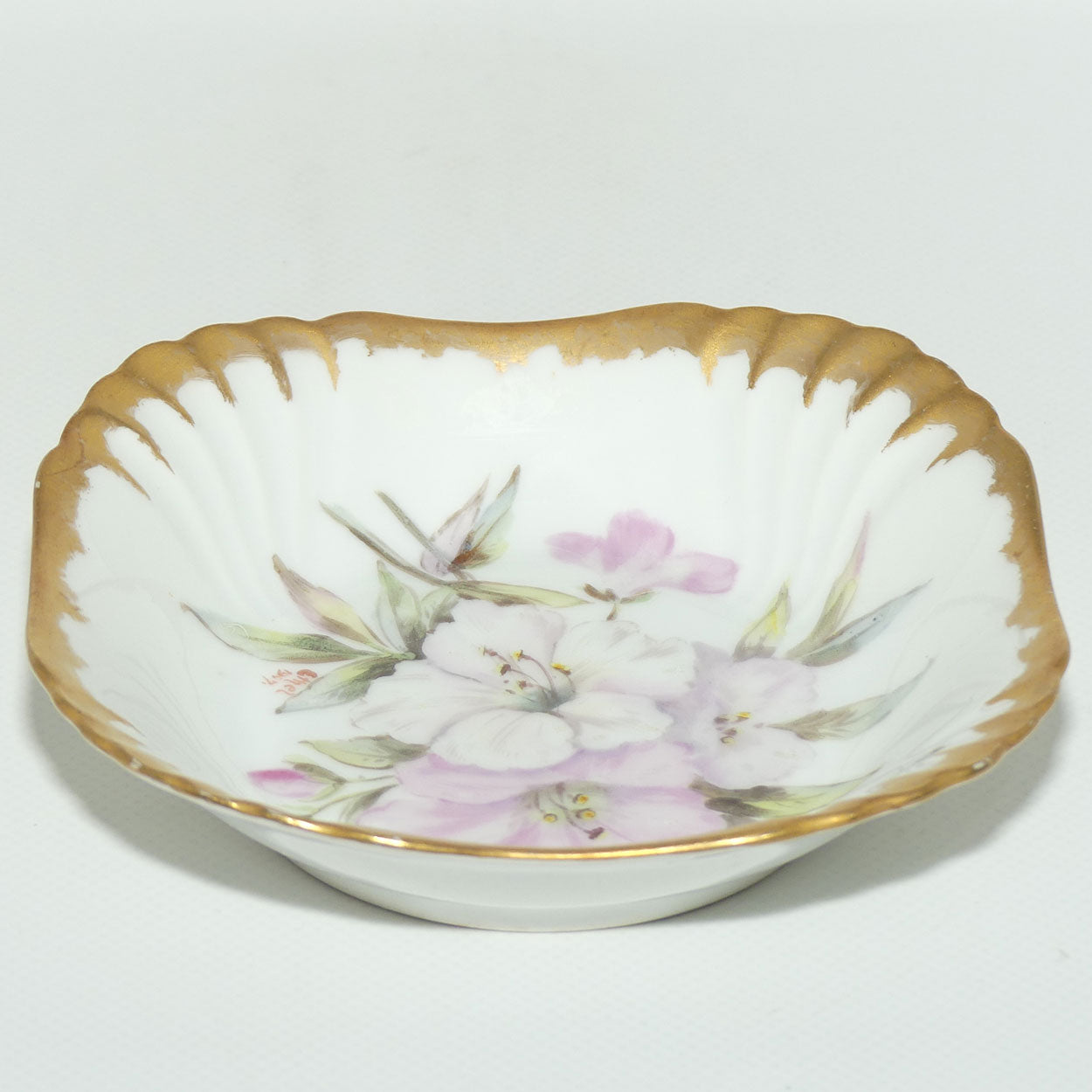 Early Australian China Painted gilt border square bowl decorated with Azalea | #2 | by Ethel L Thomas 1907
