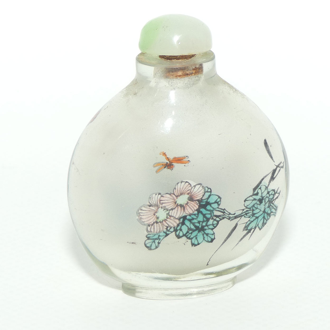 Chinese Reverse Painted Snuff bottle | Pink Flower and Dragonfly | Green Stopper