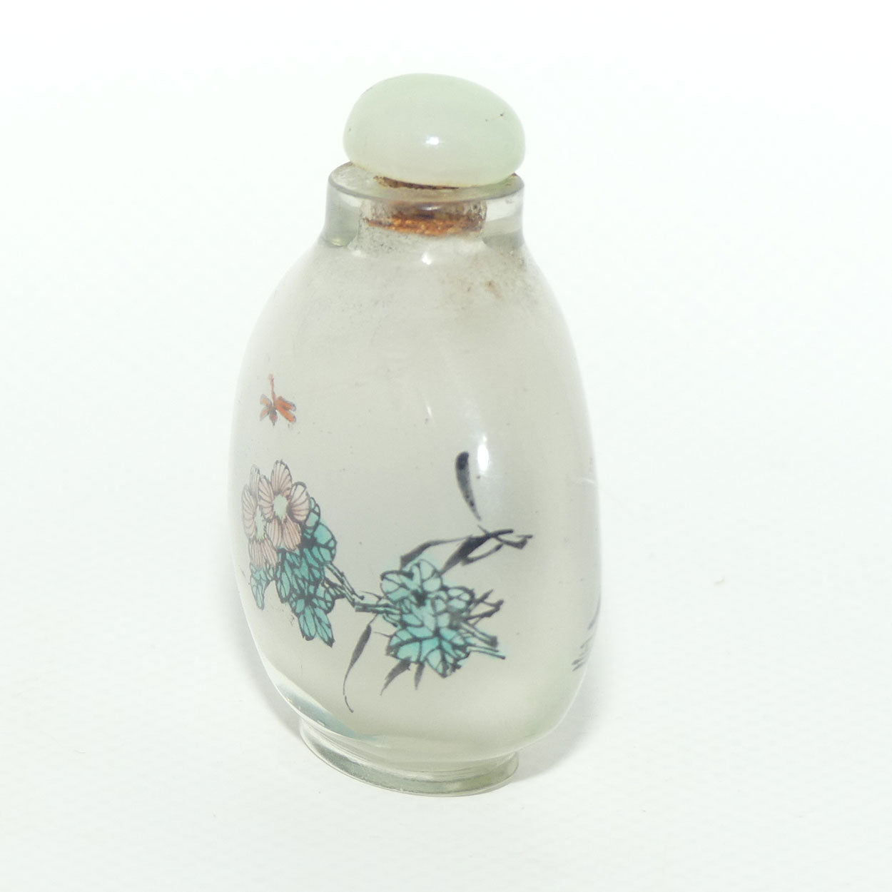 Chinese Reverse Painted Snuff bottle | Pink Flower and Dragonfly | Green Stopper