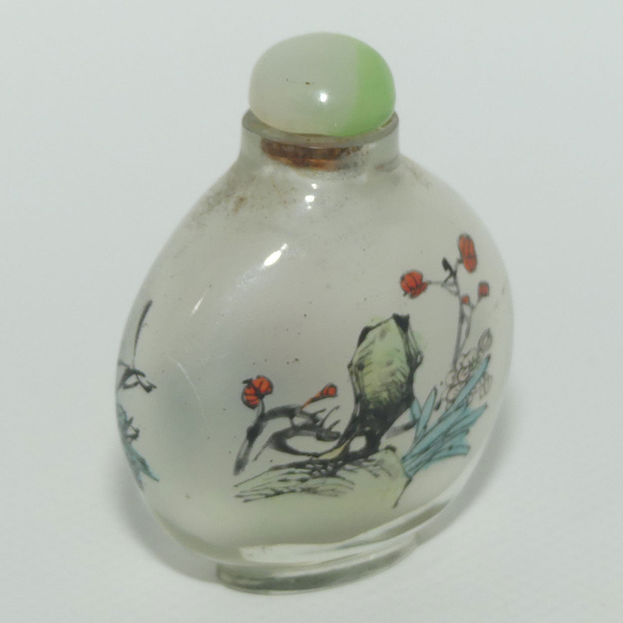 Chinese Reverse Painted Snuff bottle | Pink Flower and Dragonfly | Green Stopper