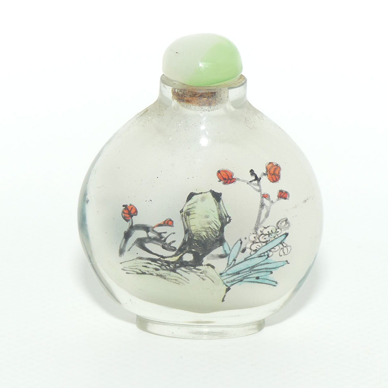 Chinese Reverse Painted Snuff bottle | Pink Flower and Dragonfly | Green Stopper