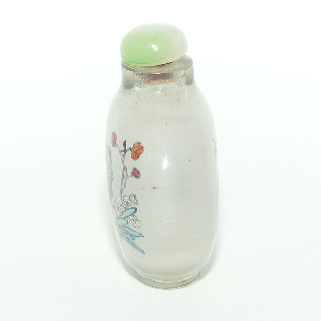 Chinese Reverse Painted Snuff bottle | Pink Flower and Dragonfly | Green Stopper