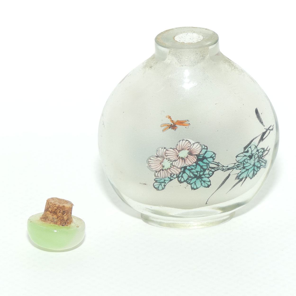 Chinese Reverse Painted Snuff bottle | Pink Flower and Dragonfly | Green Stopper