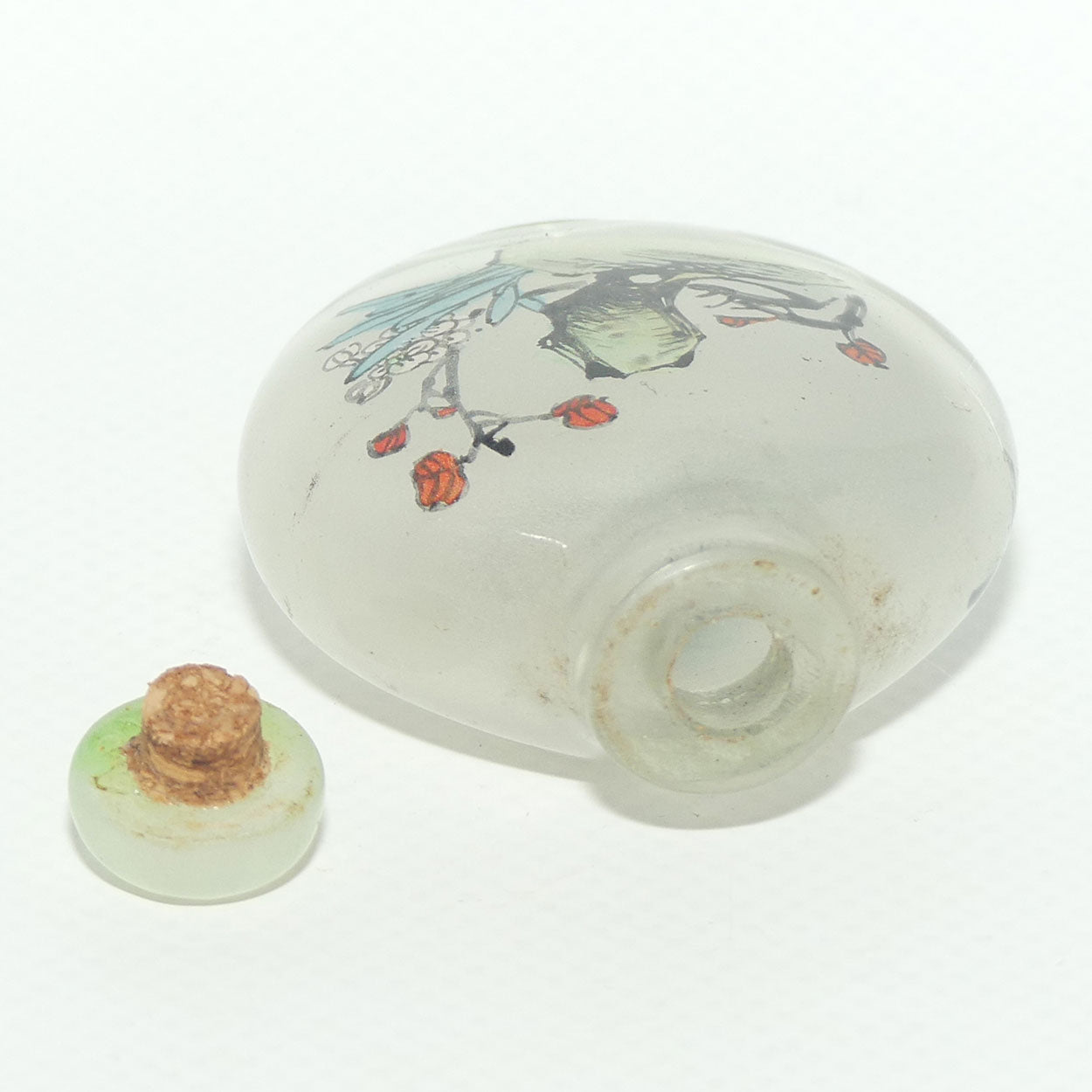 Chinese Reverse Painted Snuff bottle | Pink Flower and Dragonfly | Green Stopper