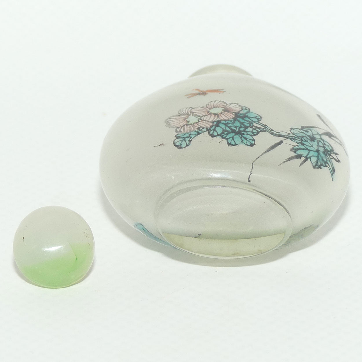 Chinese Reverse Painted Snuff bottle | Pink Flower and Dragonfly | Green Stopper