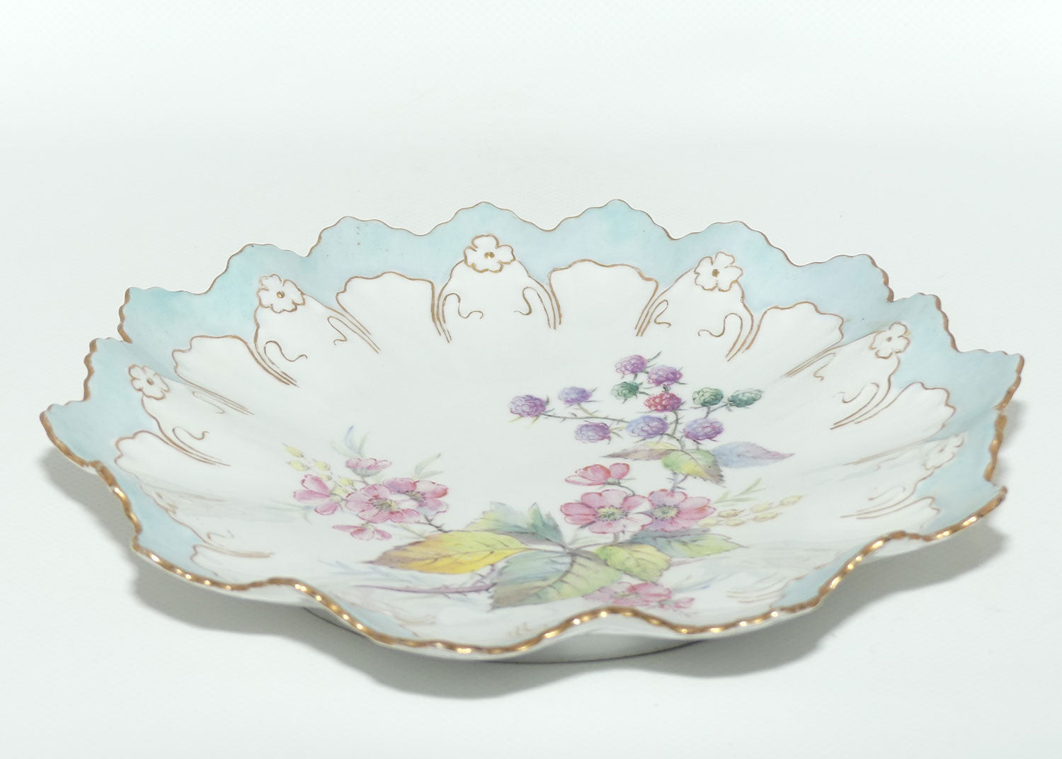Early Australian China Painted frilled edge plate decorated with Flowers and Blackberries | #4 | by Ethel L Thomas 1909
