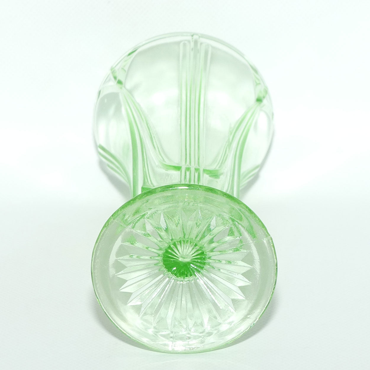 Green Depression Glass footed vase | 19cm | patterned design | #1