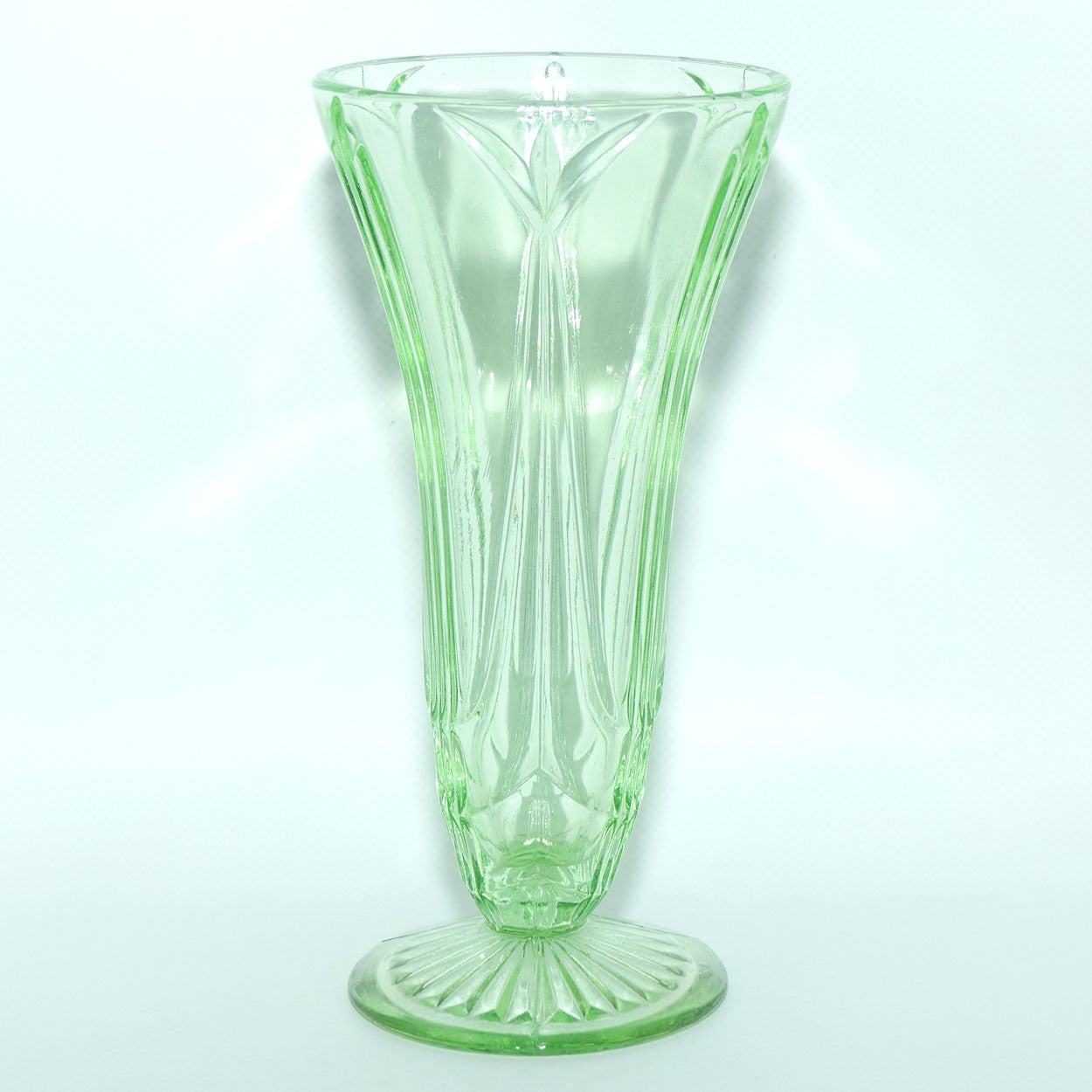 Green Depression Glass footed vase | 19cm | patterned design | #2