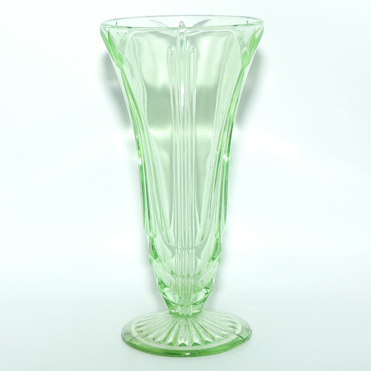 Green Depression Glass footed vase | 19cm | patterned design | #2