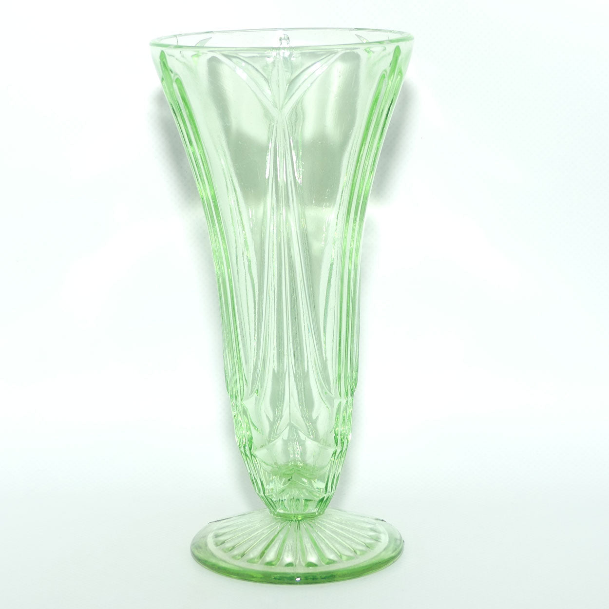 Green Depression Glass footed vase | 19cm | patterned design | #2