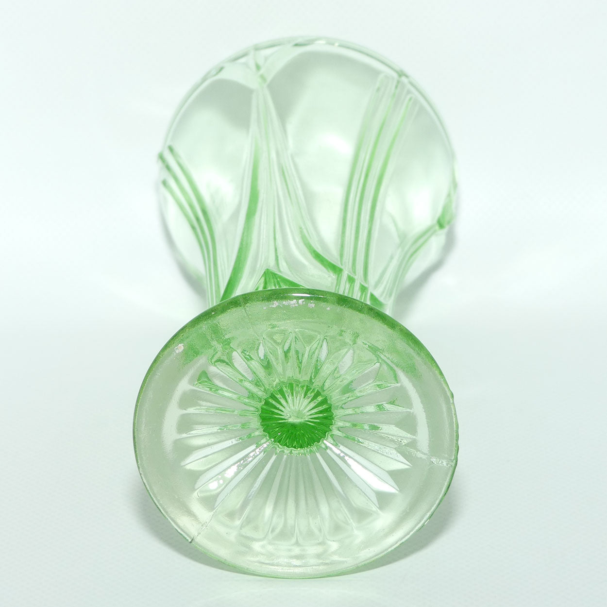 Green Depression Glass footed vase | 19cm | patterned design | #2