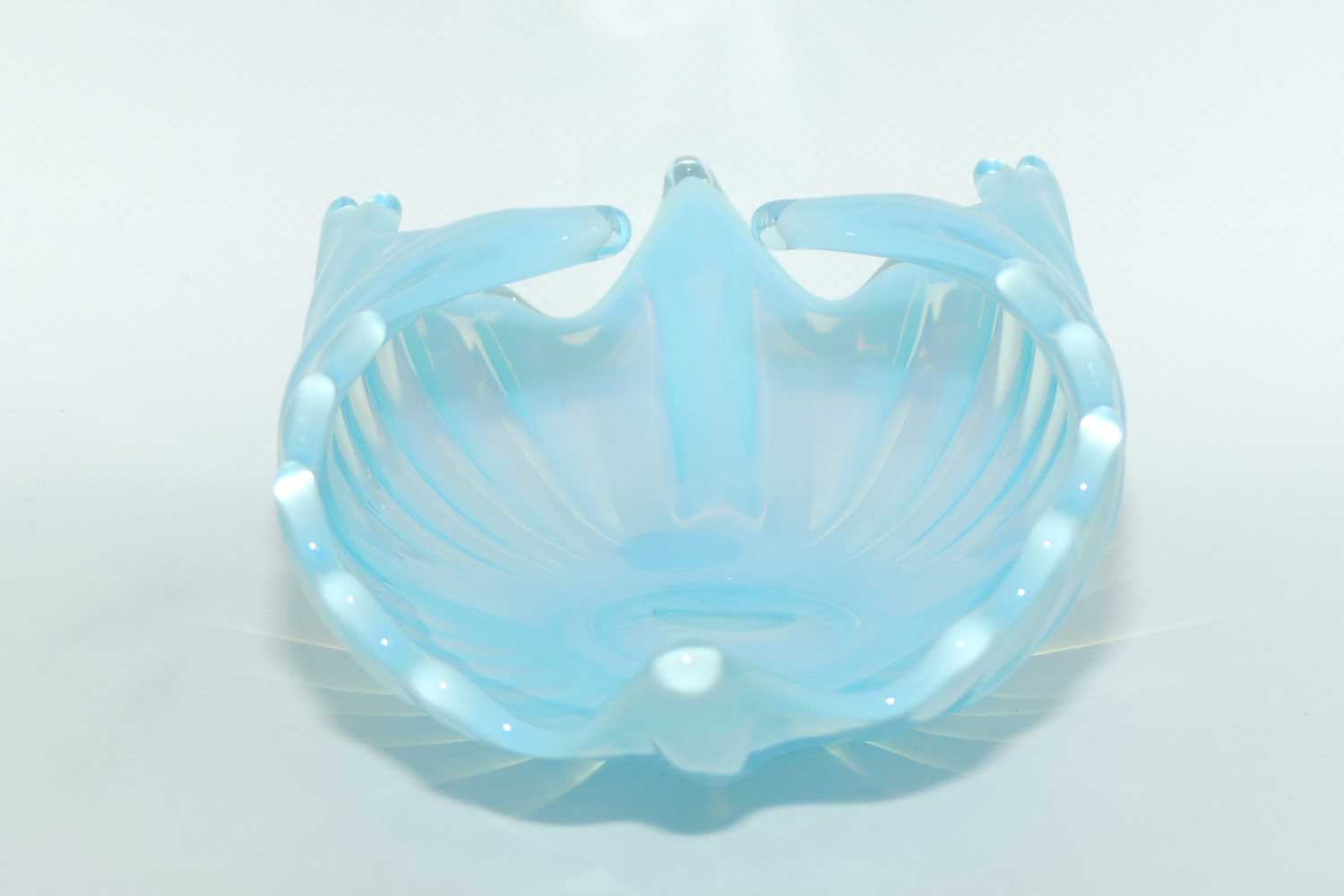 Vintage Mid Century Fostoria Heirloom Glass Blue Opalescent folded basket