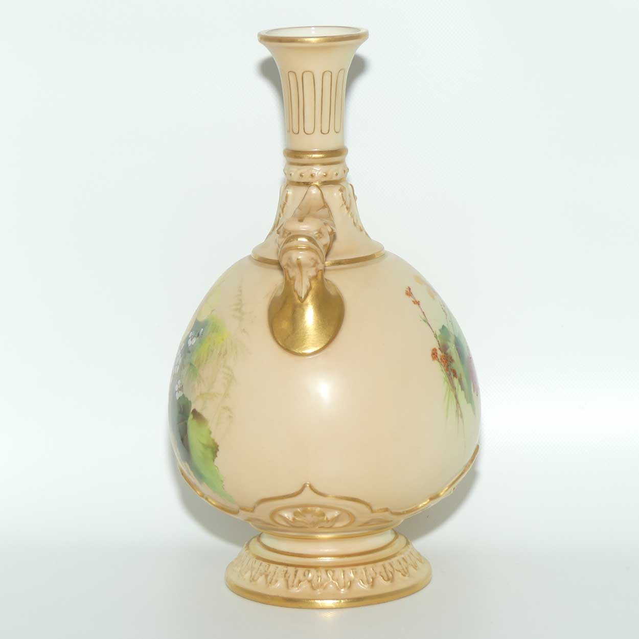 Royal Worcester Blush Ivory hand painted four petal yellow and pink flowers bulbous handled vase