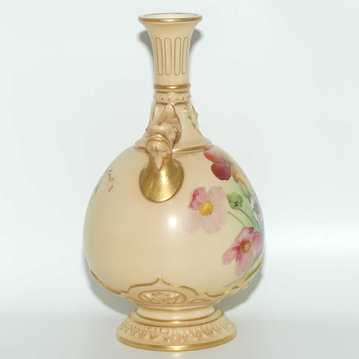Royal Worcester Blush Ivory hand painted four petal yellow and pink flowers bulbous handled vase