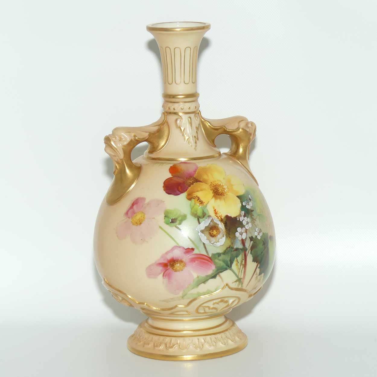 Royal Worcester Blush Ivory hand painted four petal yellow and pink flowers bulbous handled vase