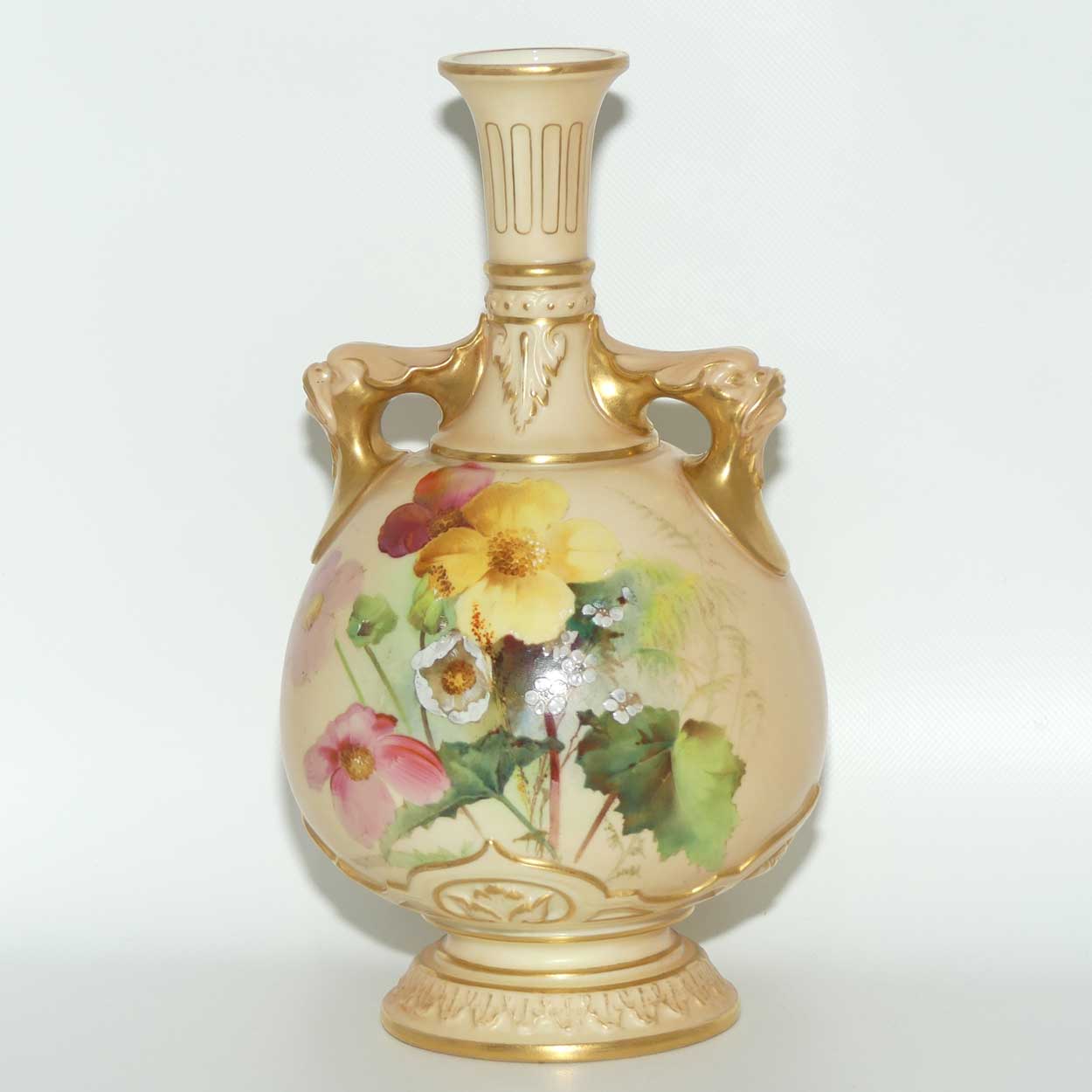 Royal Worcester Blush Ivory hand painted four petal yellow and pink flowers bulbous handled vase