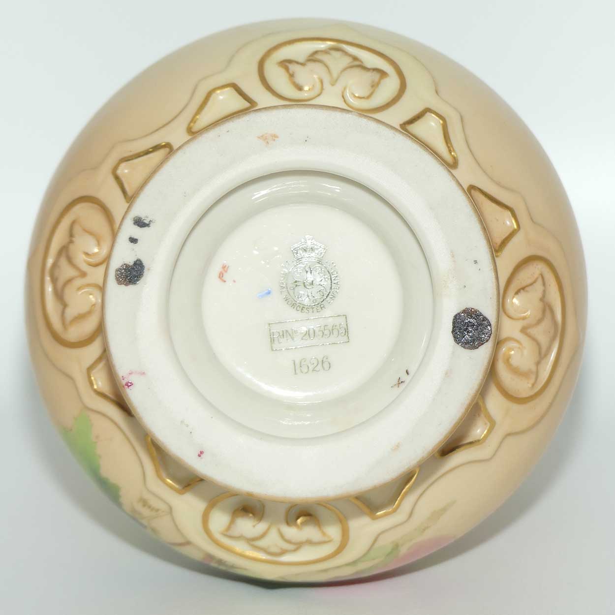 Royal Worcester Blush Ivory hand painted four petal yellow and pink flowers bulbous handled vase