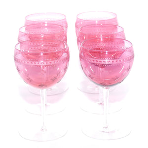 Set of 6 Antique French Cranberry Crystal wine glasses | Fine Wheel Cut decoration