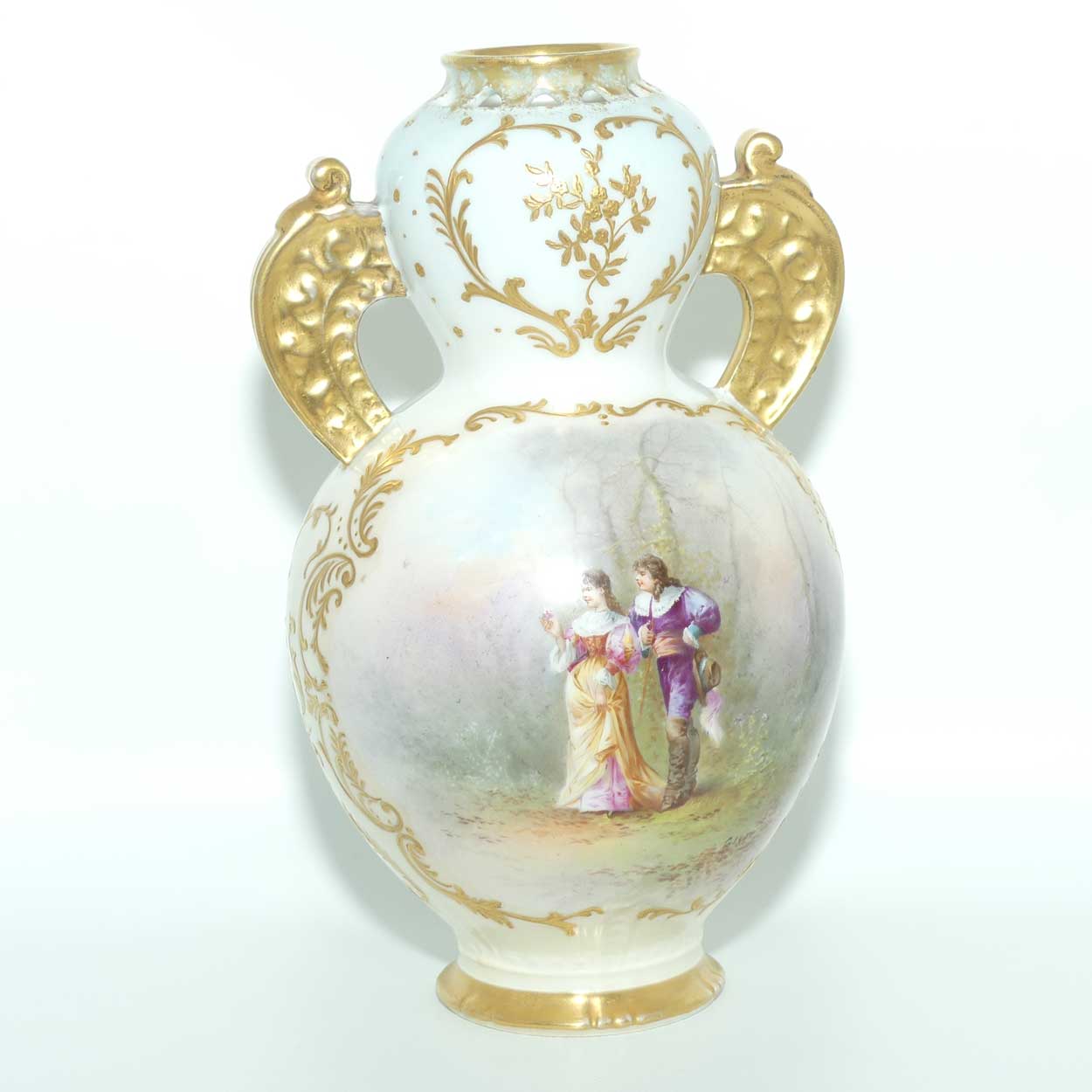 Late 19th Century French Sevres style waisted vase with reticulated rim and gilt handles 