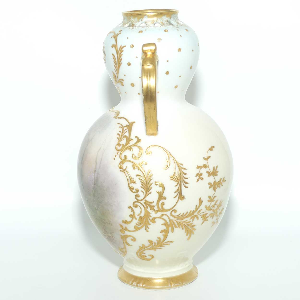 Late 19th Century French Sevres style waisted vase with reticulated rim and gilt handles 