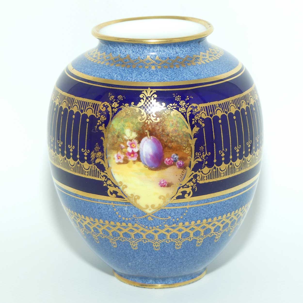 Royal Doulton hand painted Fruit cartouche vase | Blue Bands and Gilt