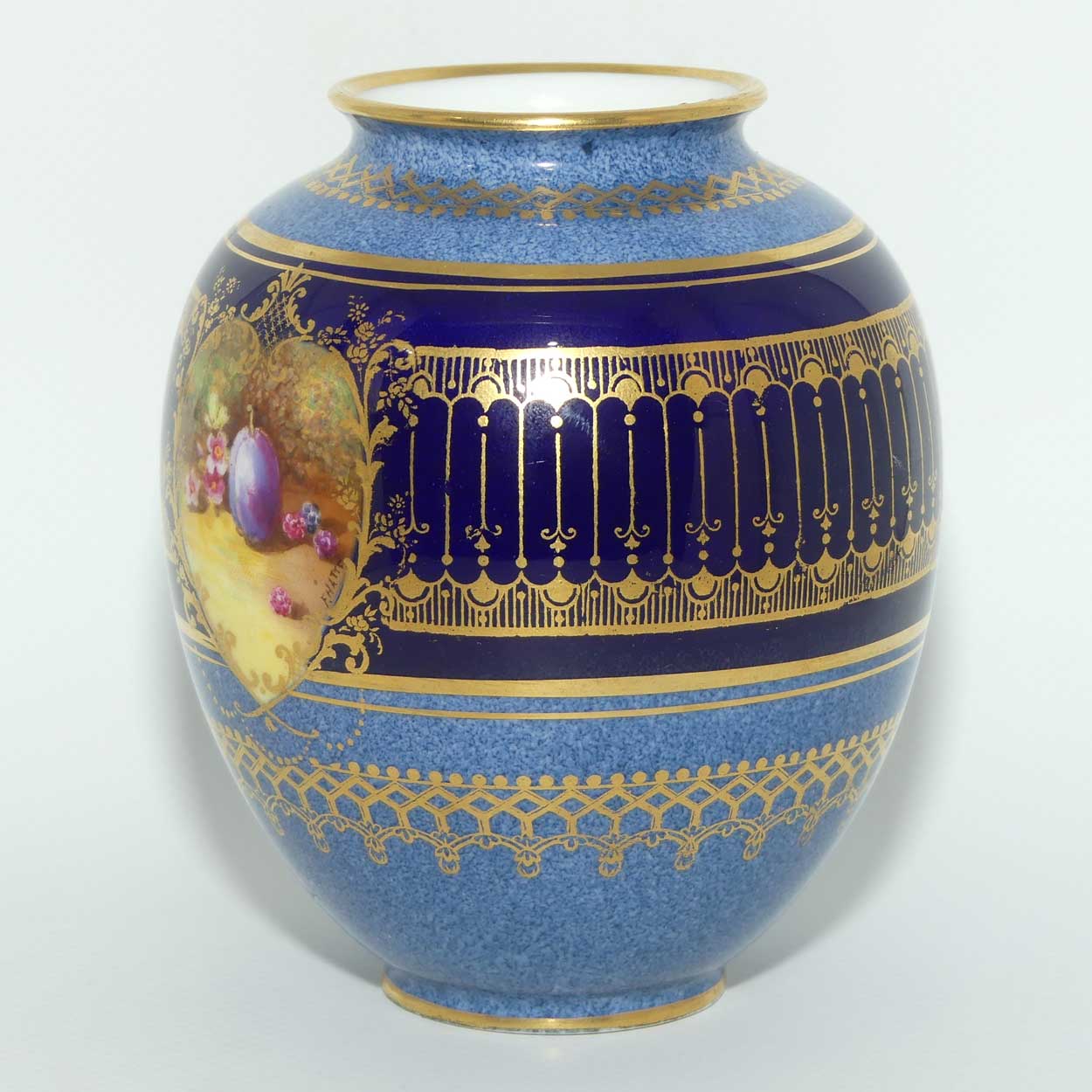 Royal Doulton hand painted Fruit cartouche vase | Blue Bands and Gilt