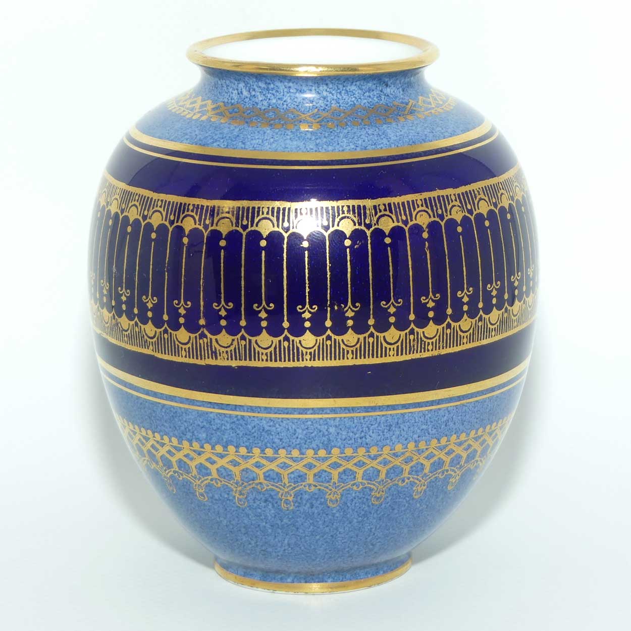 Royal Doulton hand painted Fruit cartouche vase | Blue Bands and Gilt