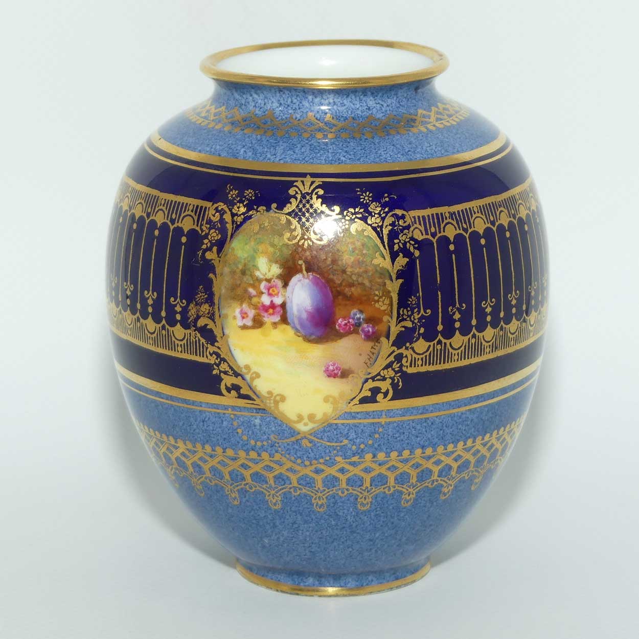 Royal Doulton hand painted Fruit cartouche vase | Blue Bands and Gilt