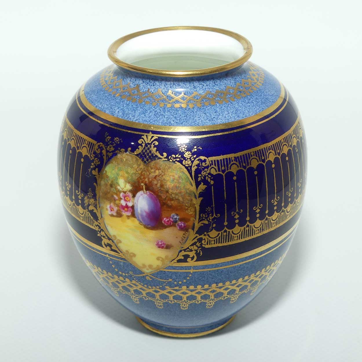 Royal Doulton hand painted Fruit cartouche vase | Blue Bands and Gilt