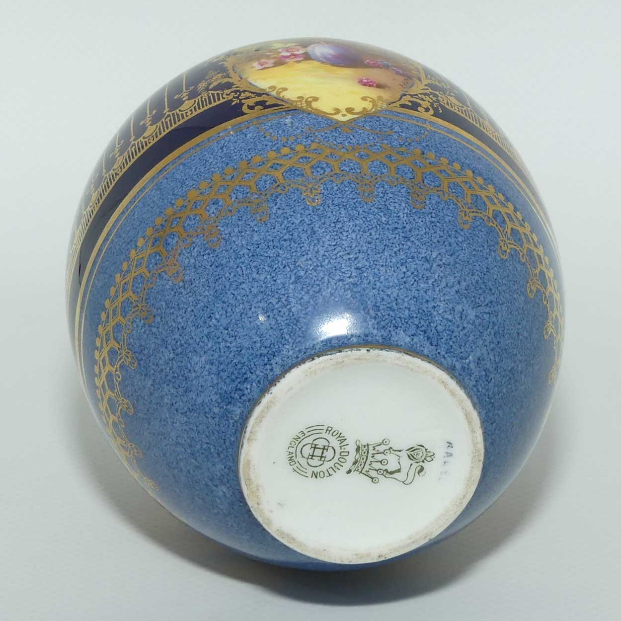 Royal Doulton hand painted Fruit cartouche vase | Blue Bands and Gilt