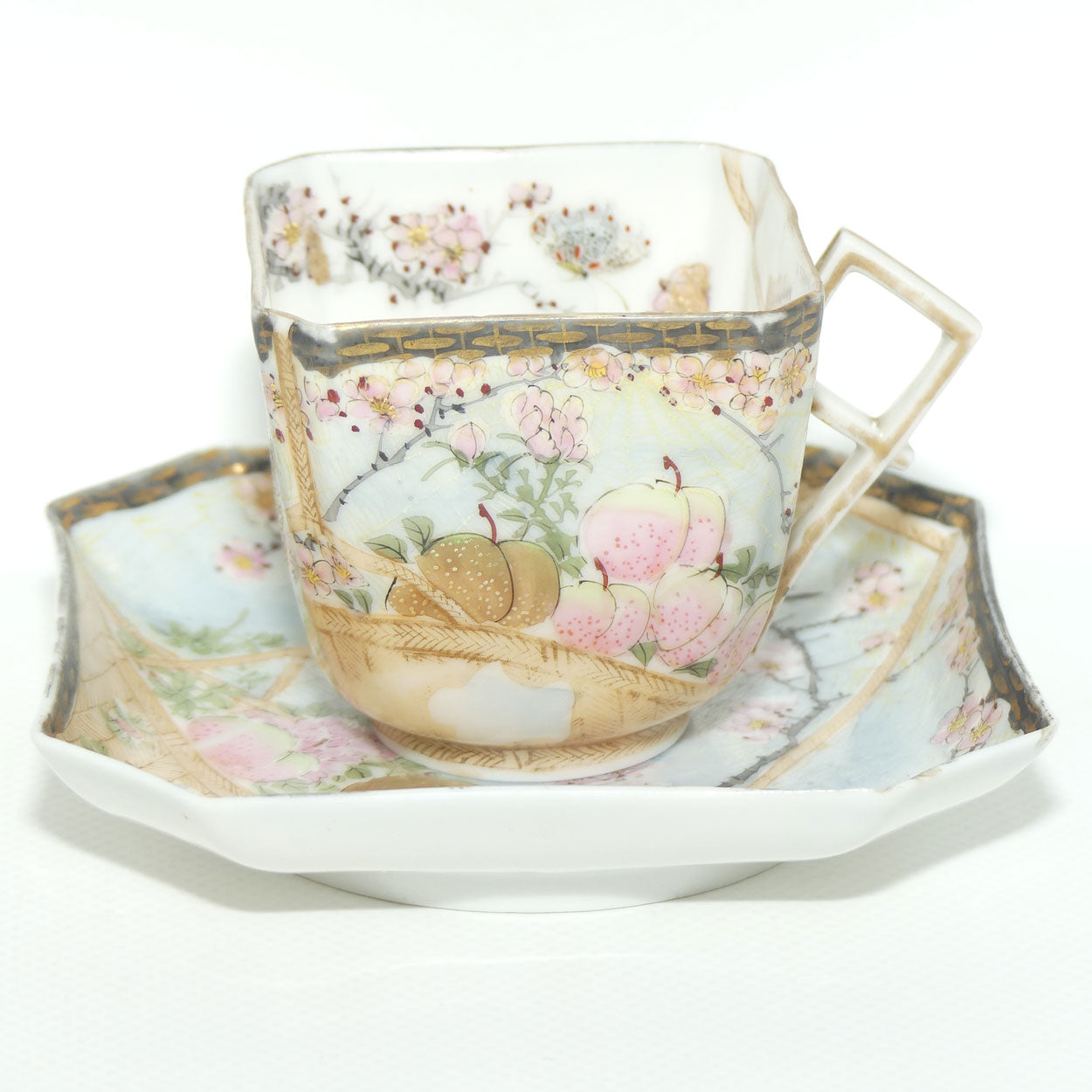 Finely decorated Japanese Kutani Ware square cup and saucer | Spider Web design | Taisho period