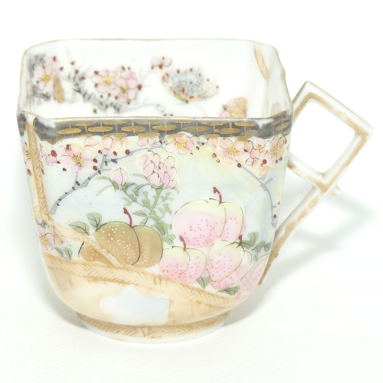 Finely decorated Japanese Kutani Ware square cup and saucer | Spider Web design | Taisho period