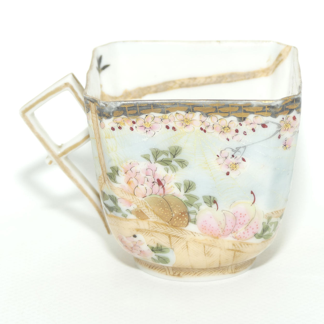 Finely decorated Japanese Kutani Ware square cup and saucer | Spider Web design | Taisho period
