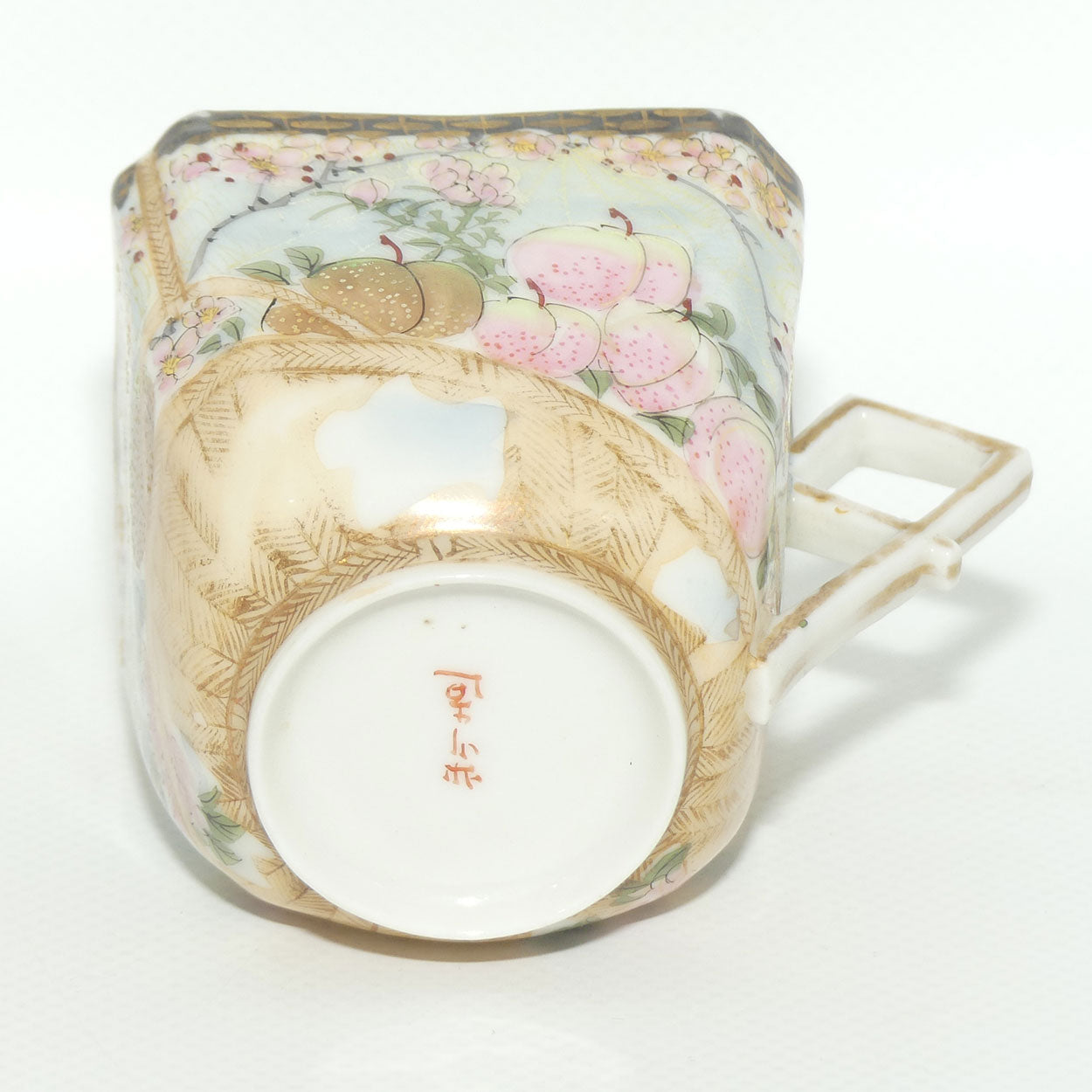 Finely decorated Japanese Kutani Ware square cup and saucer | Spider Web design | Taisho period
