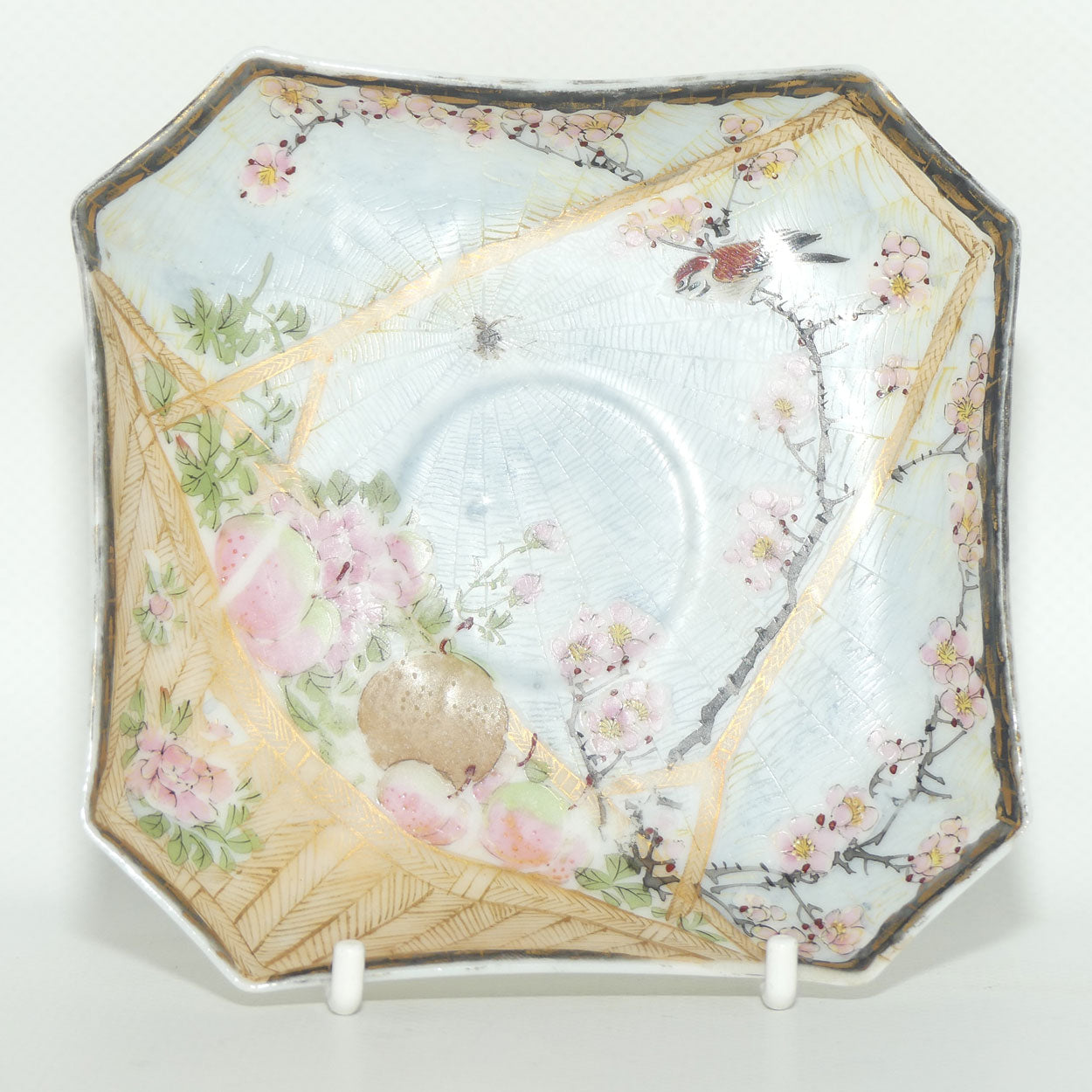 Finely decorated Japanese Kutani Ware square cup and saucer | Spider Web design | Taisho period