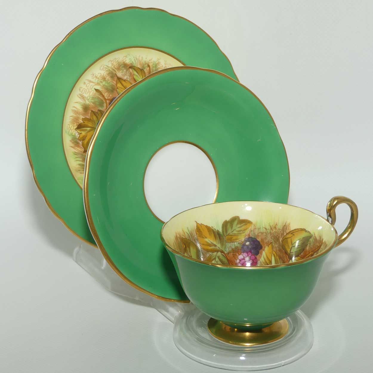 Aynsley Fruit trio by D Jones | Cup interior decorated | Green trim