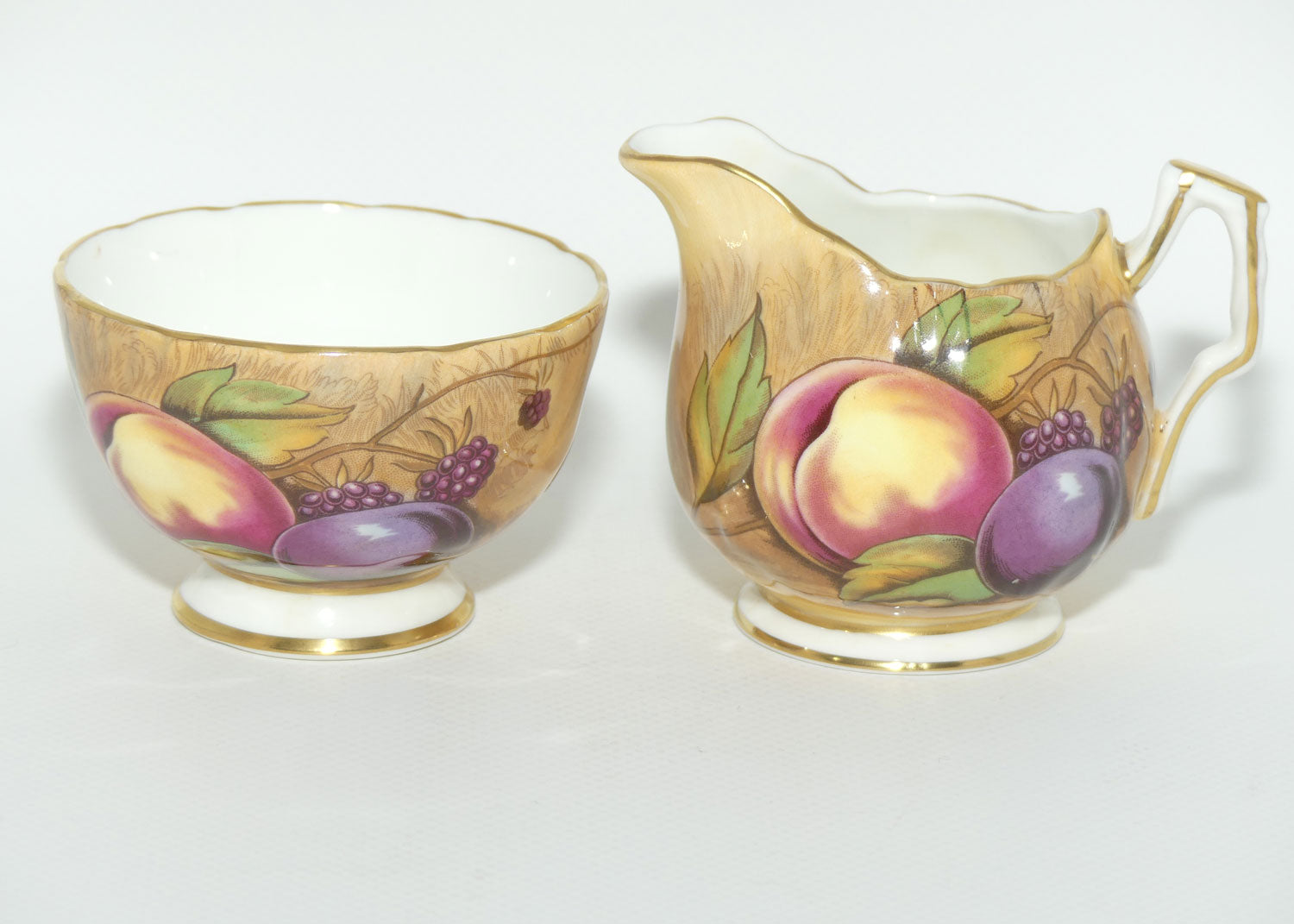 Aynsley Fruit Orchard Gold sugar and creamer | Coffee size | signed N Brunt | original label