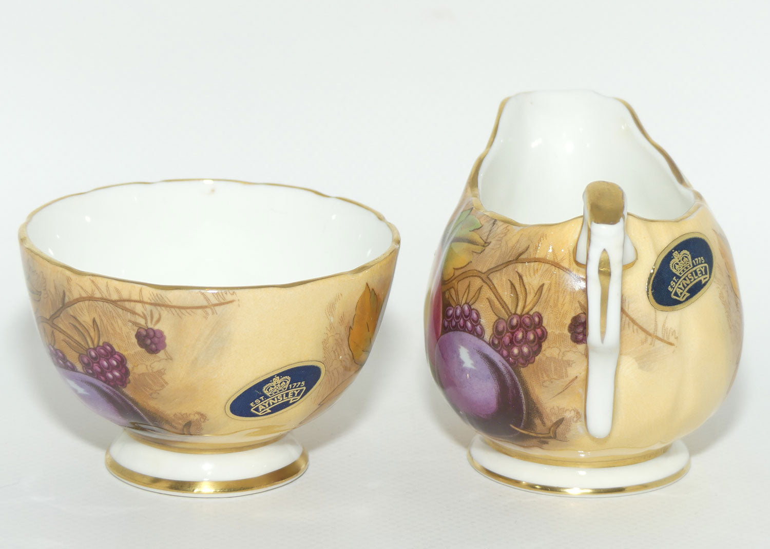 Aynsley Fruit Orchard Gold sugar and creamer | Coffee size | signed N Brunt | original label
