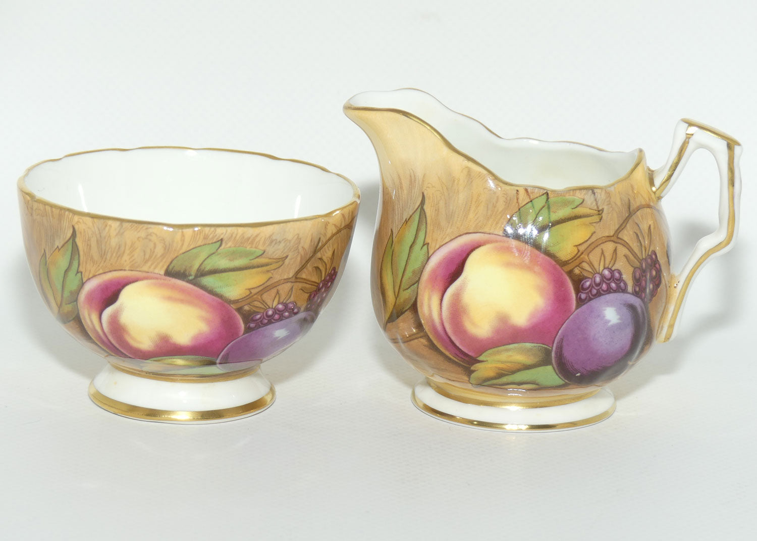 Aynsley Fruit Orchard Gold sugar and creamer | Coffee size | signed N Brunt | original label