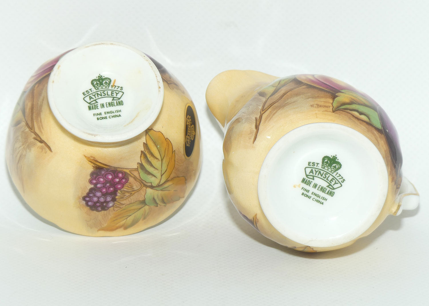 Aynsley Fruit Orchard Gold sugar and creamer | Coffee size | signed N Brunt | original label