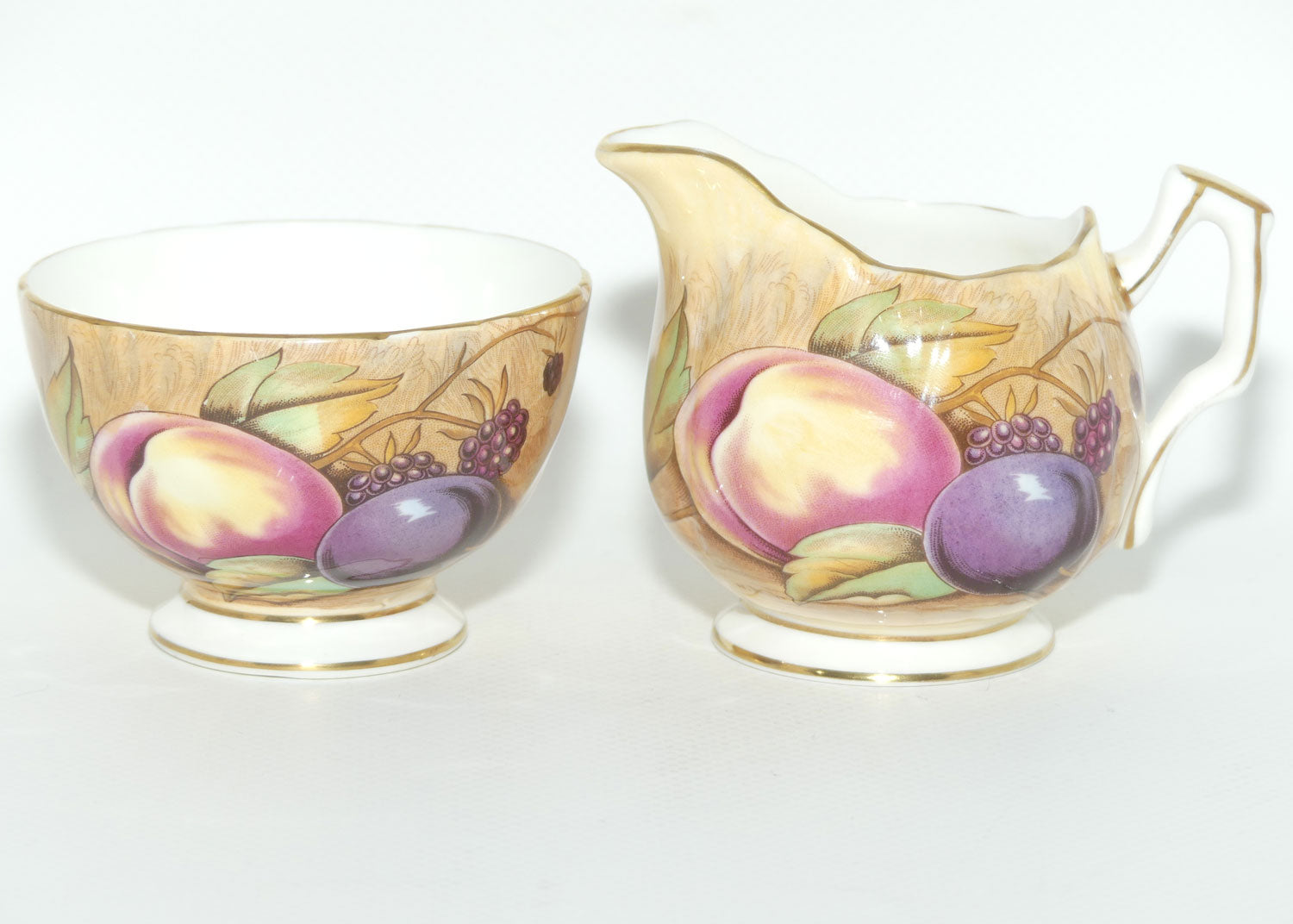 Aynsley Fruit Orchard Gold sugar and creamer | Coffee size | signed N Brunt
