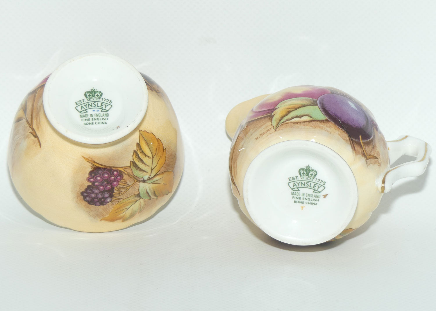 Aynsley Fruit Orchard Gold sugar and creamer | Coffee size | signed N Brunt