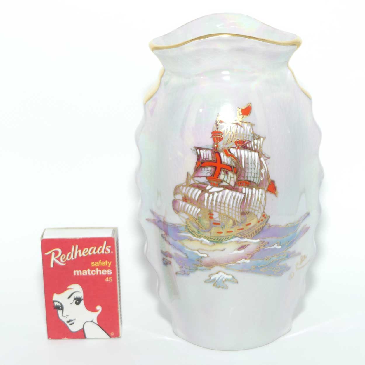 Crown Devon Fieldings Lustre Grey Galleon design vase | signed D Cole | 15.5cms