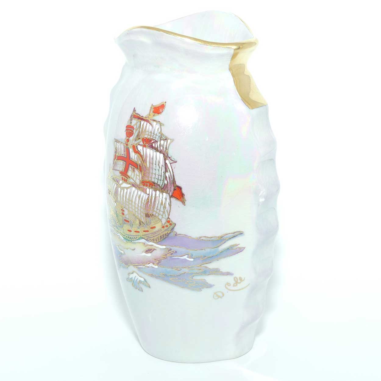 Crown Devon Fieldings Lustre Grey Galleon design vase | signed D Cole | 15.5cms