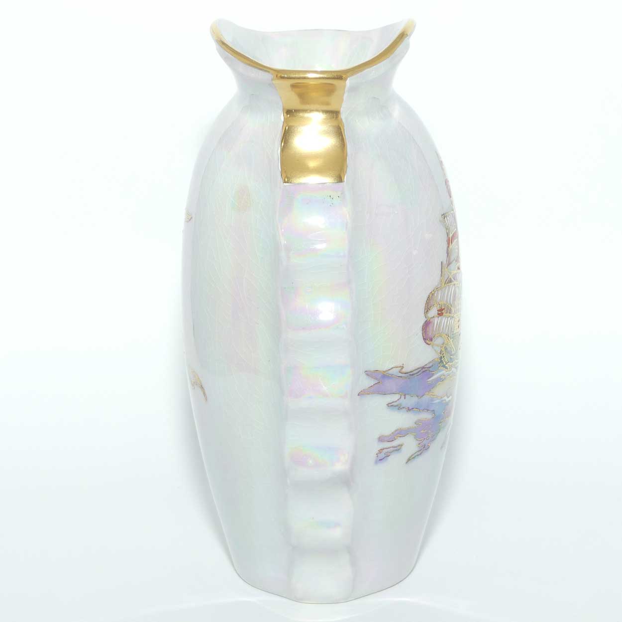 Crown Devon Fieldings Lustre Grey Galleon design vase | signed D Cole | 15.5cms