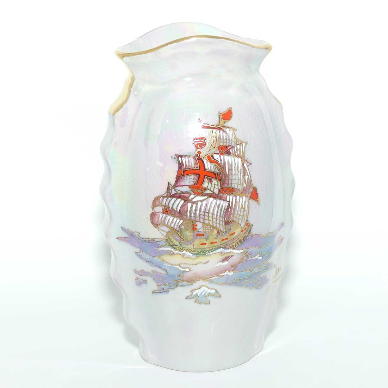 Crown Devon Fieldings Lustre Grey Galleon design vase | signed D Cole | 15.5cms