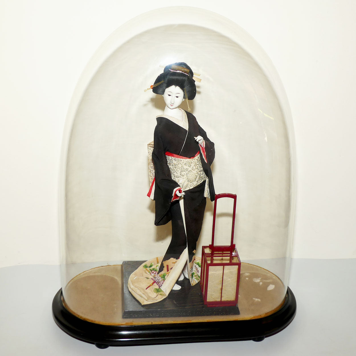 Large Japanese Papier Mache Geisha Doll in full costume in Glass Dome