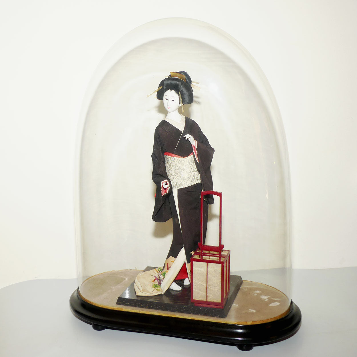 Large Japanese Papier Mache Geisha Doll in full costume in Glass Dome